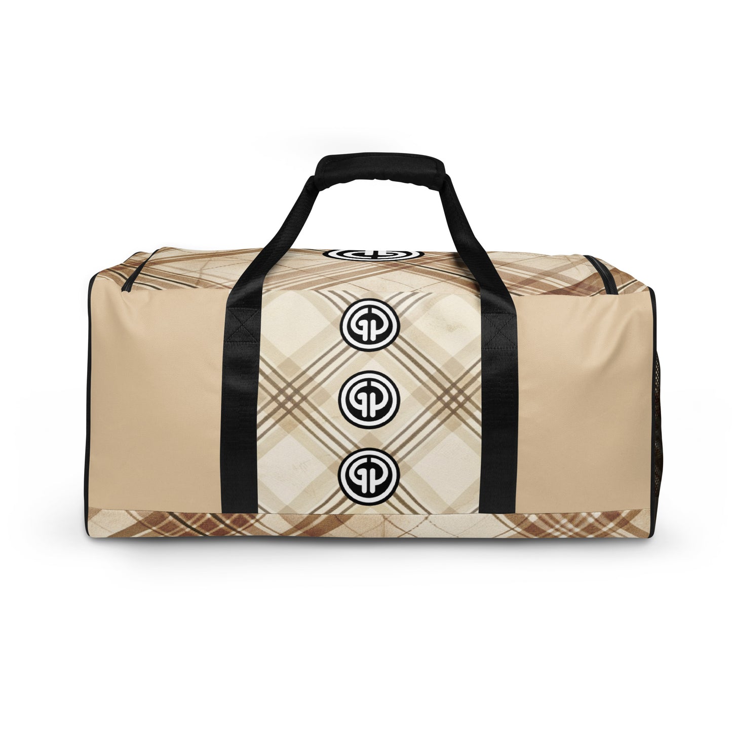 Back of brittle colored plaid background duffel with 'GP' logos