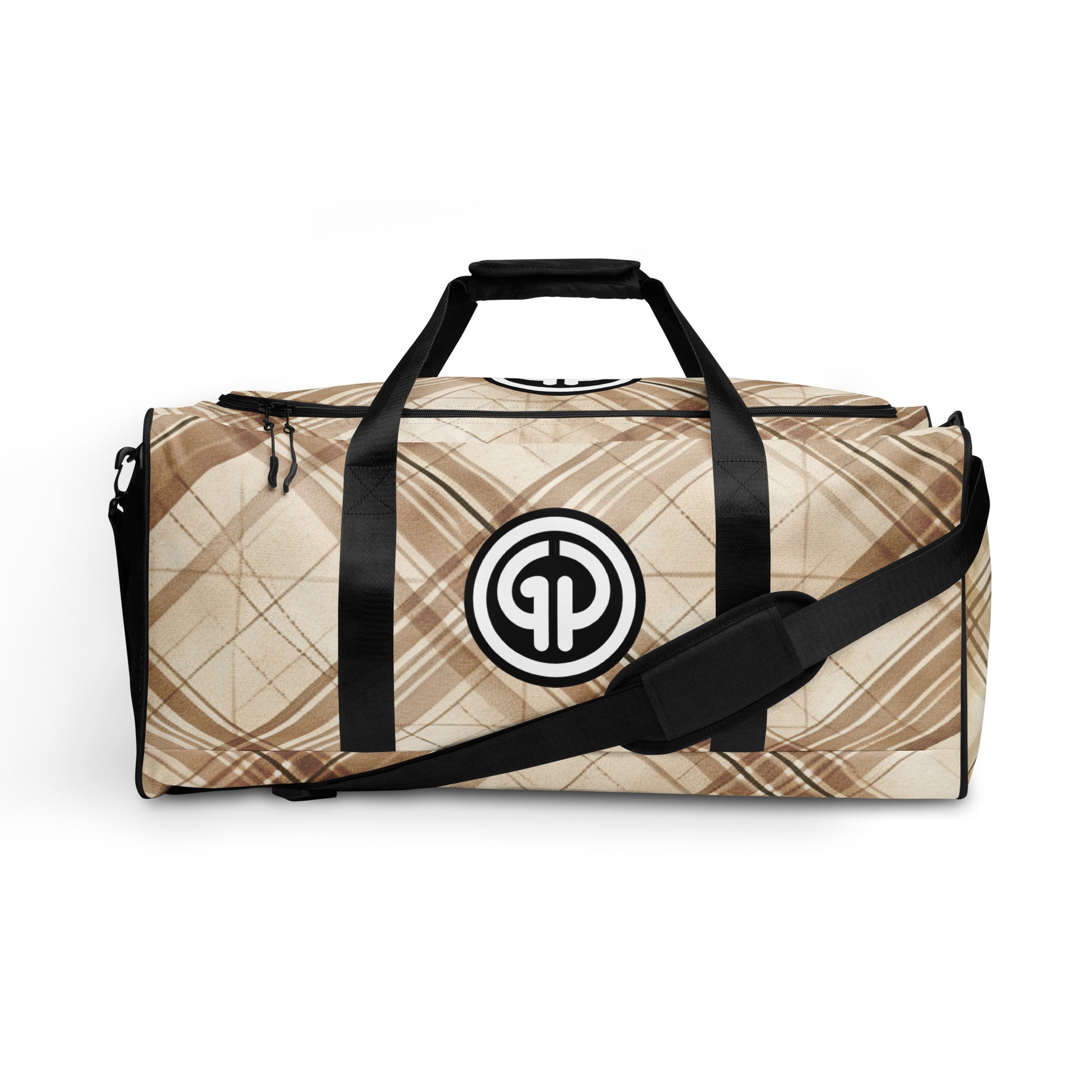 Front of brittle colored plaid background duffel with 'GP' logo