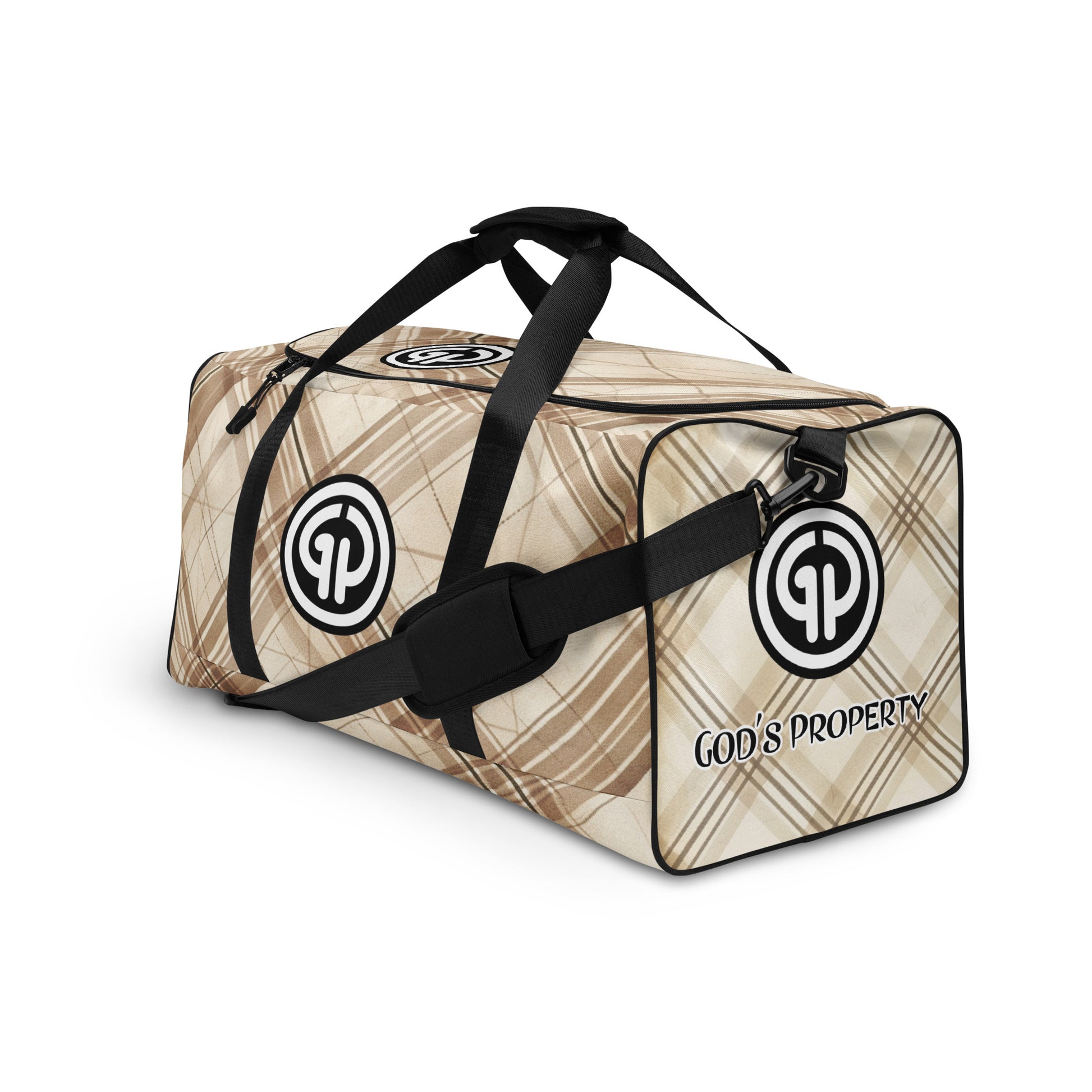 Left front of brittle colored background duffel background with 'GP' logos and text 'god's property'