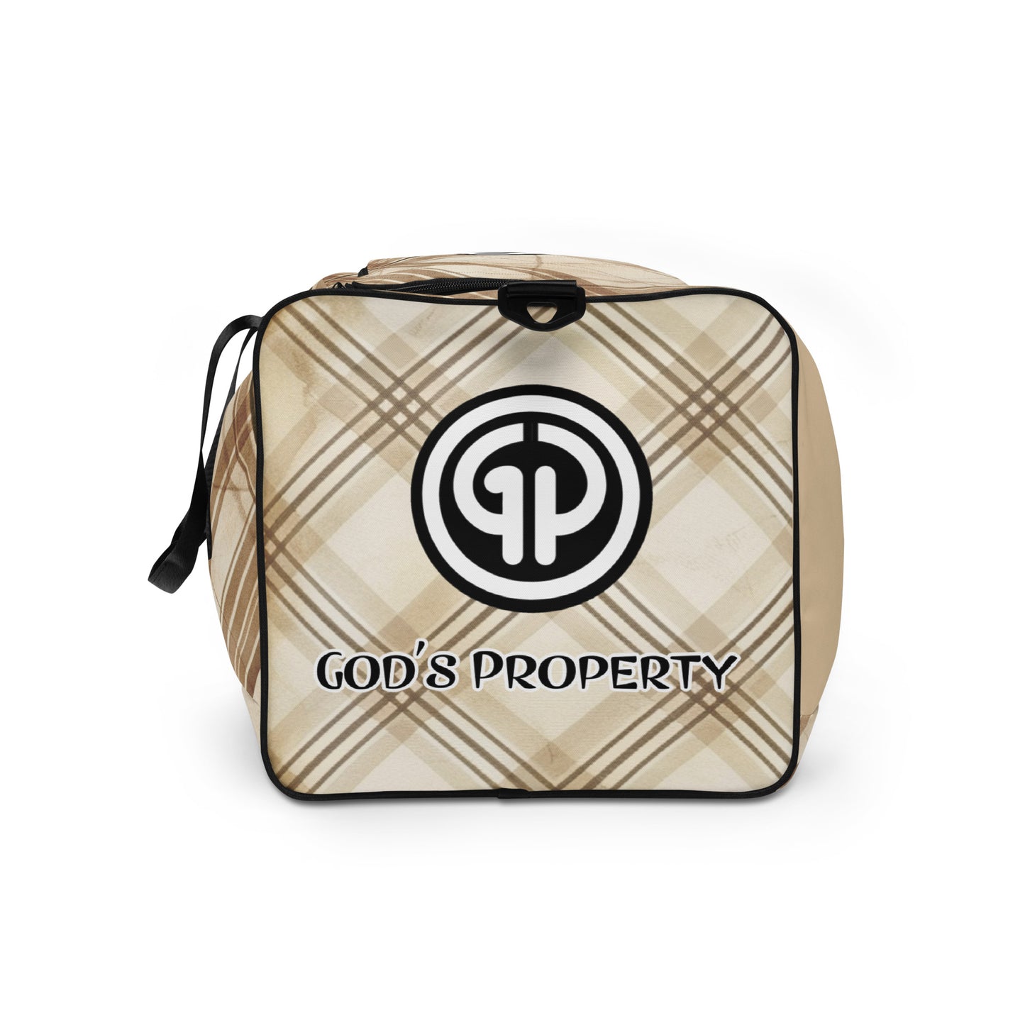 Left side of brittle colored plaid background duffel with 'GP' logo and text 'god's property'
