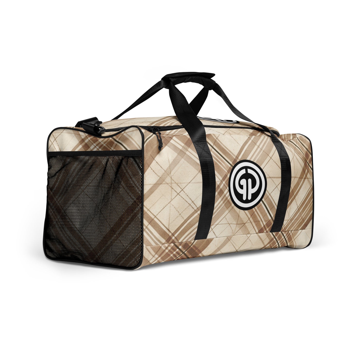 Right front of brittle colored background duffel background with 'GP' logo