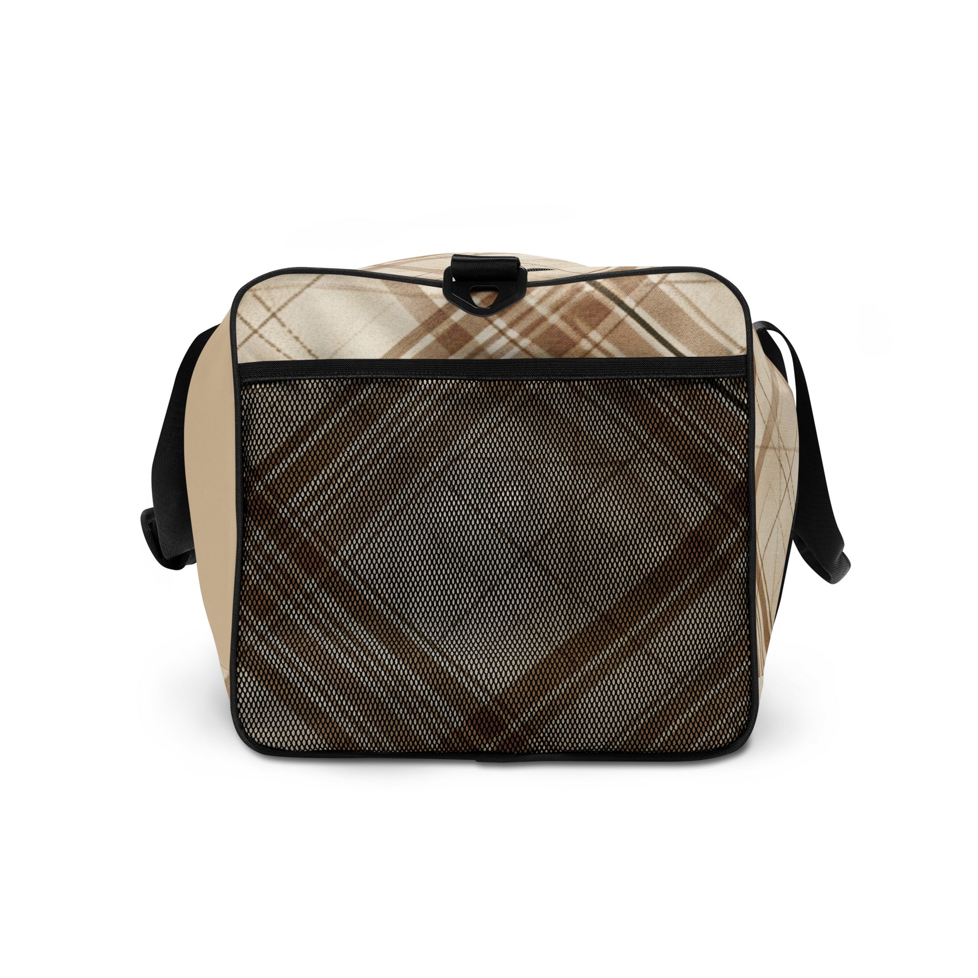 Front of brittle colored plaid background duffel