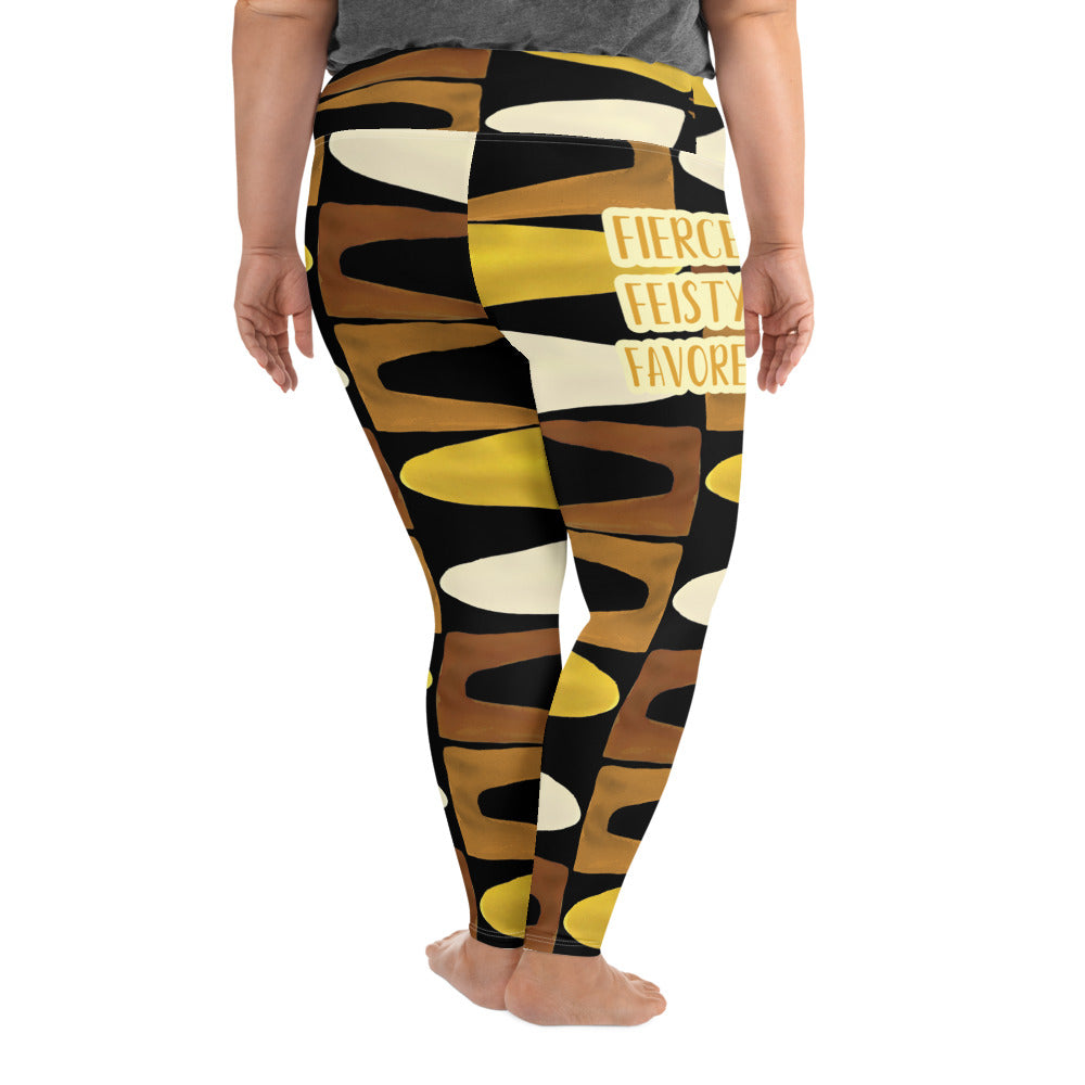 Half body back view of a woman wearing the Fierce. Feisty. Favored. black, brown, beige and gold print plus-size leggings