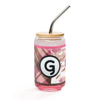 G is for Girlish Brown Plaid Can-Shaped Glass, 16 oz