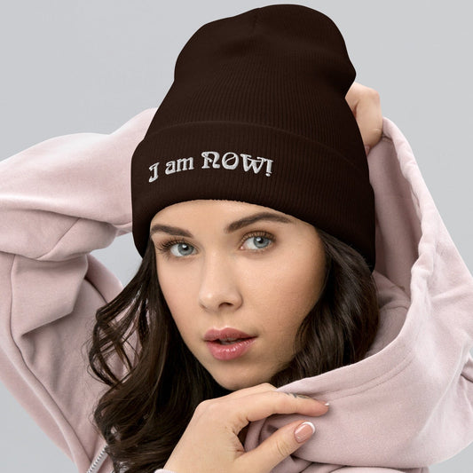I Am NOW Embroidered Acrylic Cuffed Beanie - White Accented