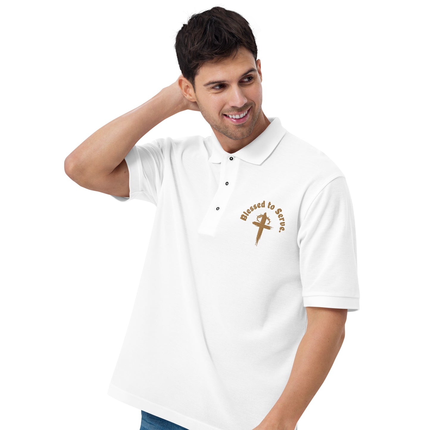 Men's Blessed to Serve Embroidered Premium Polo - Tan