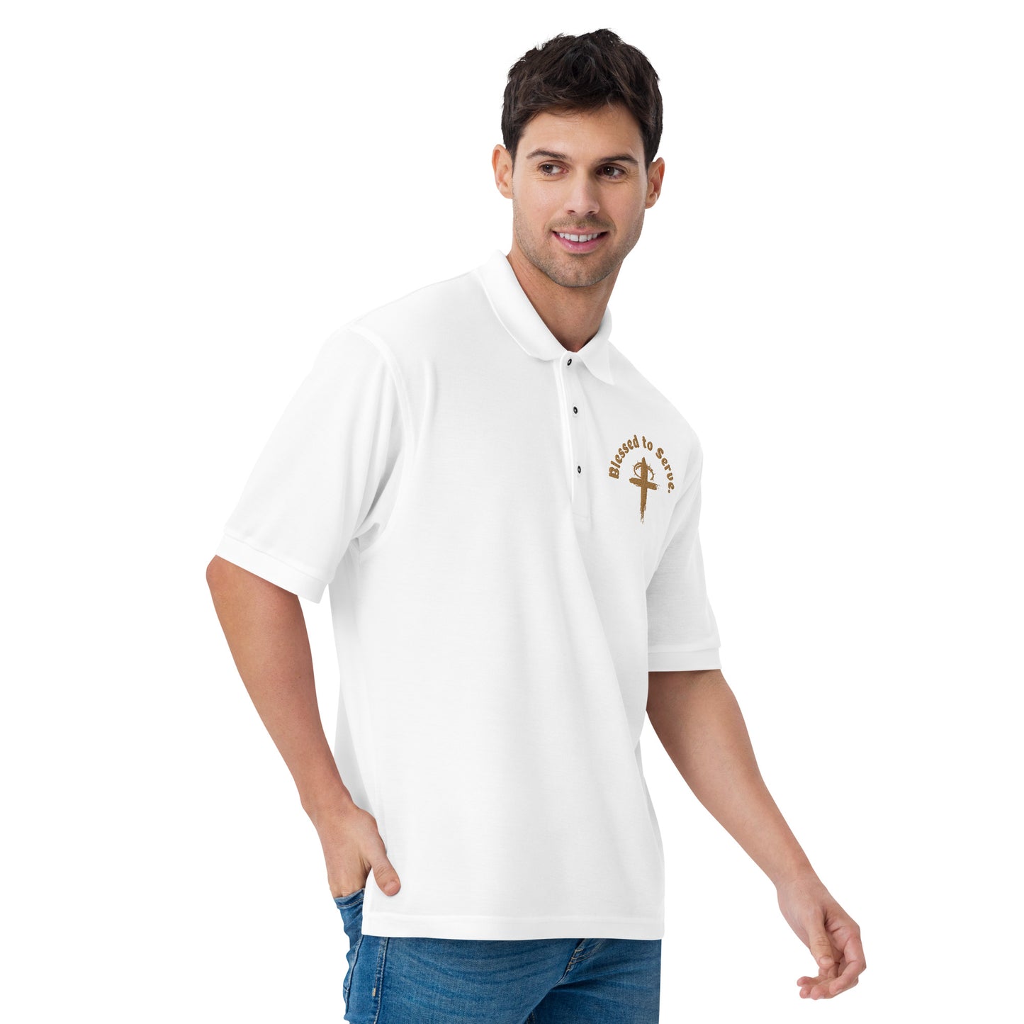 Men's Blessed to Serve Embroidered Premium Polo - Tan