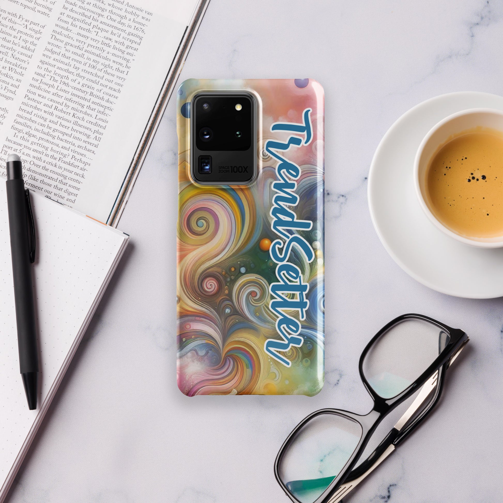 Front of s20 Samsung case with multi-colored swirls and blue and white text saying 'TrendSetter'