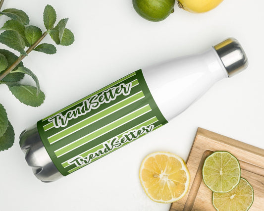 Front of TrendSetter white steel water bottle with green and white vertical stripes and green and white text saying 'TrendSetter'