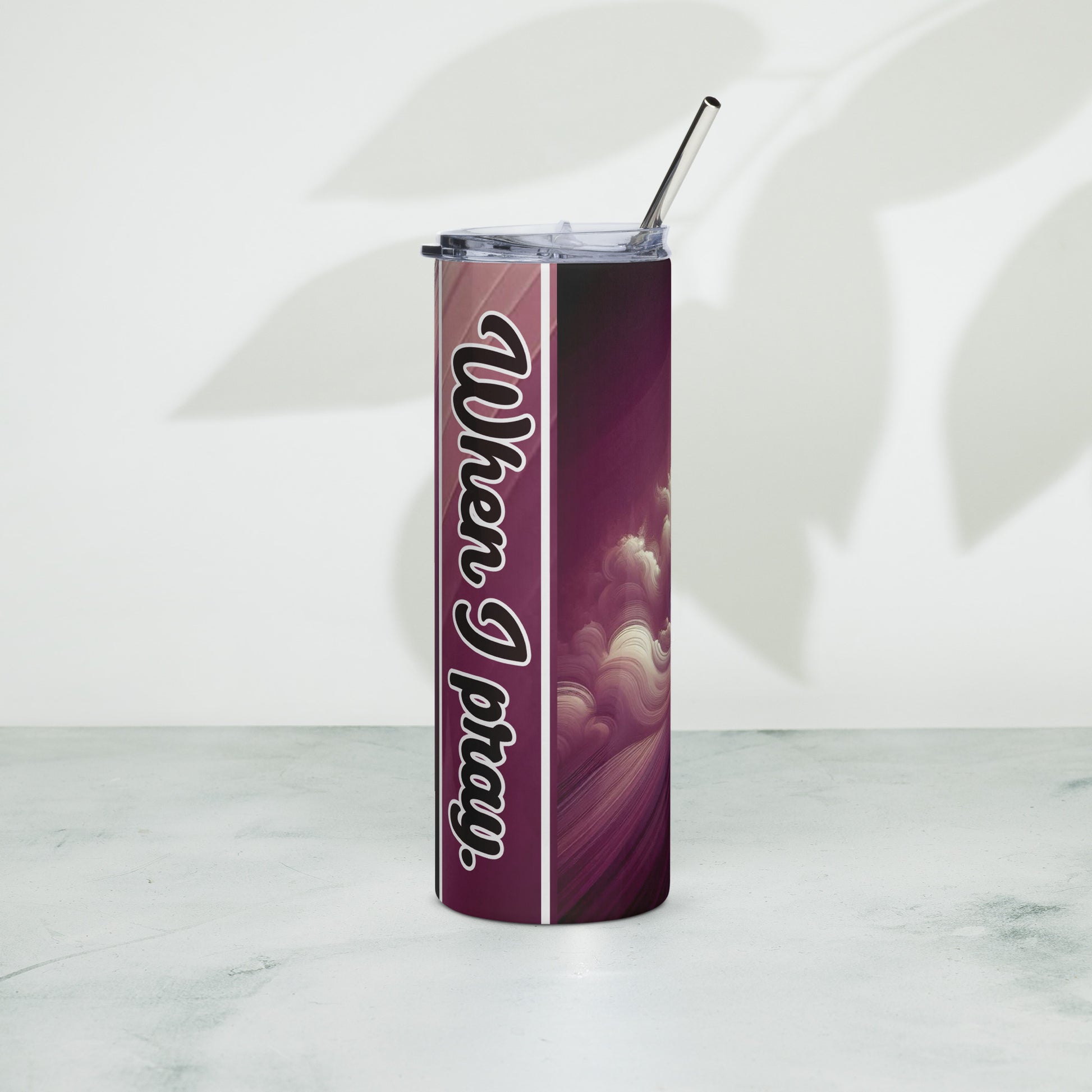 Right of Tumbler with image of woman praying in mauve and purple colors