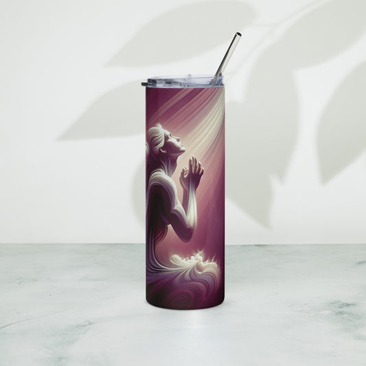 Front of Tumbler with image of woman praying in mauve and purple colors