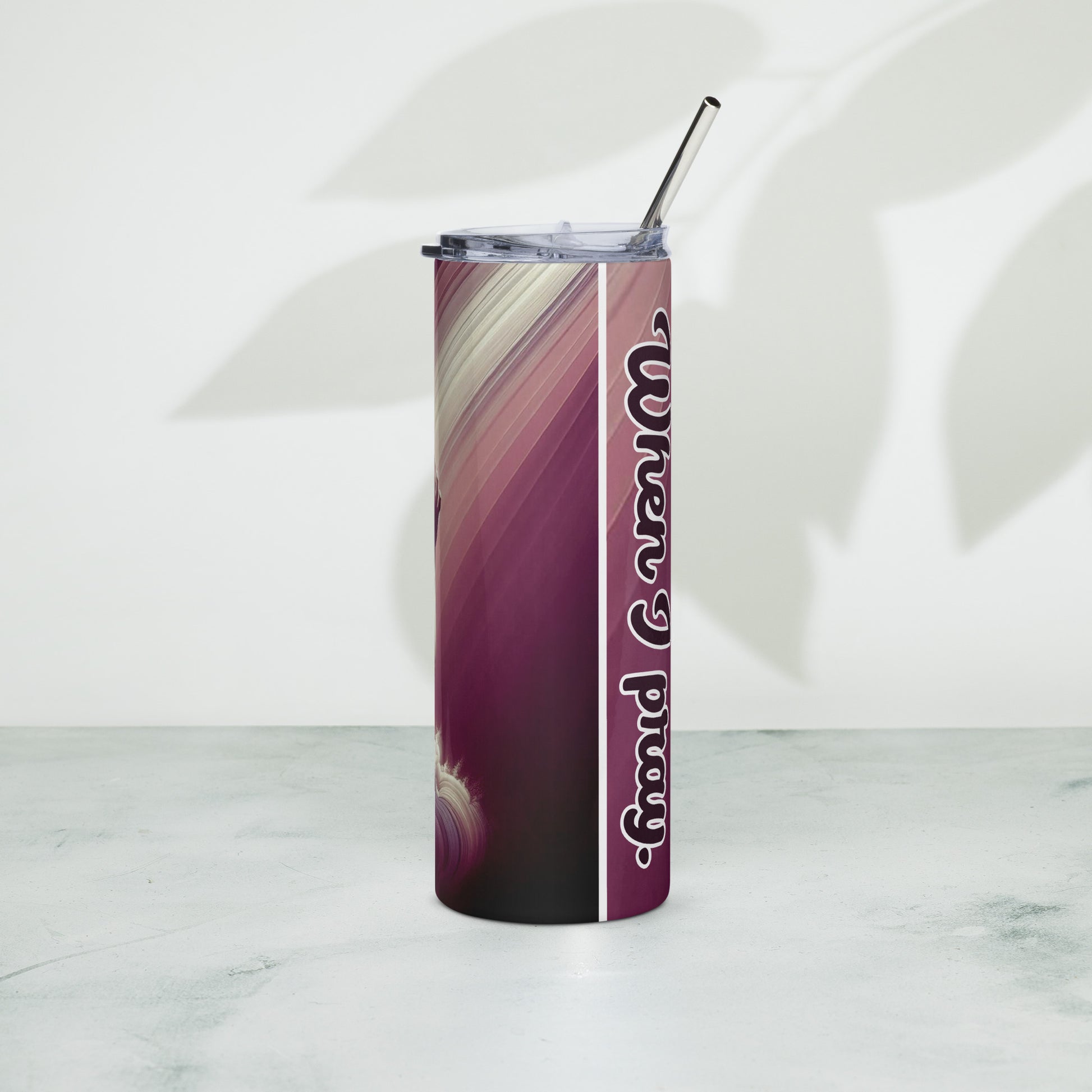 Left of Tumbler with image of woman praying in mauve and purple colors