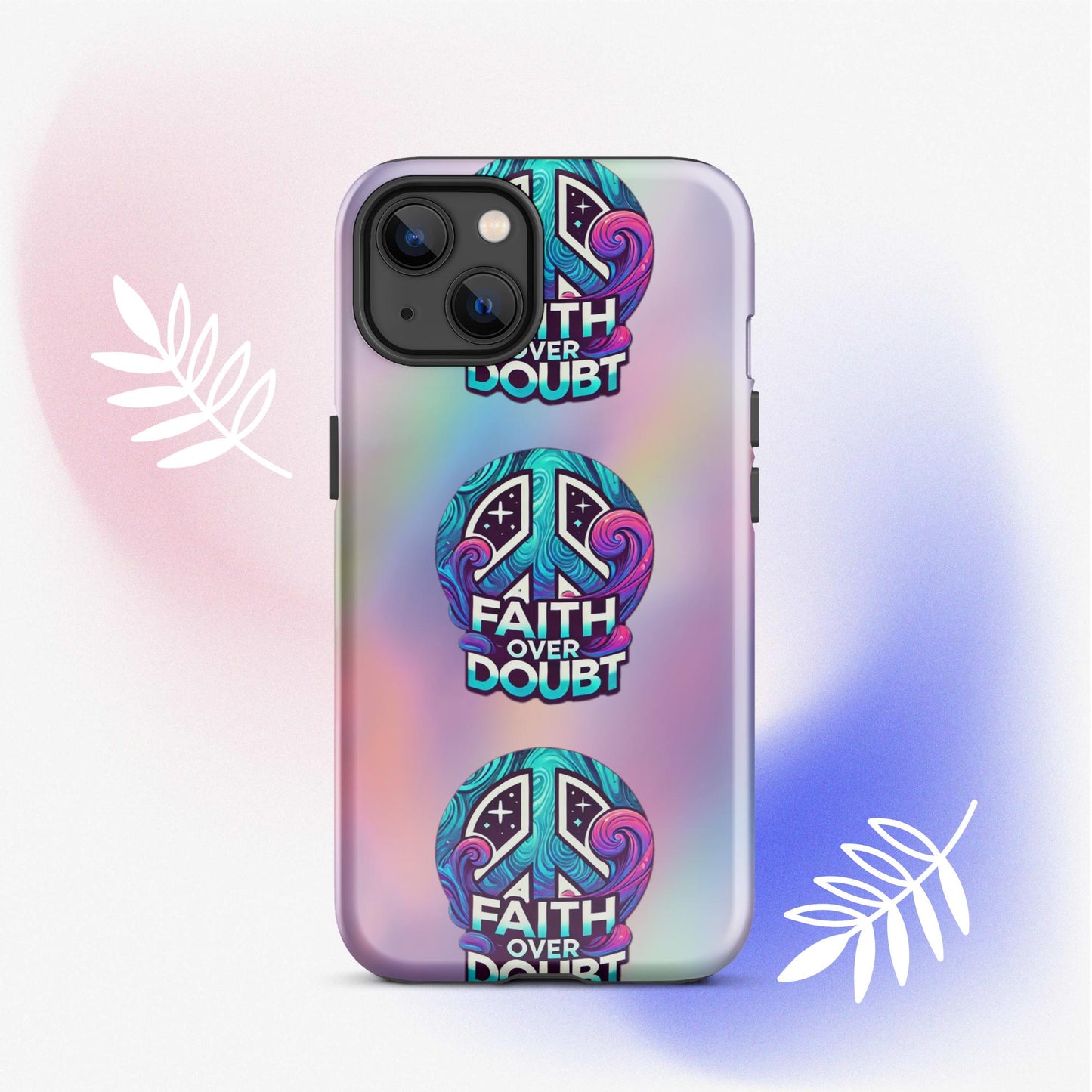 Front of iPhone 13 cover with pastel gradient background and logo pattern 'Faith over doubt'