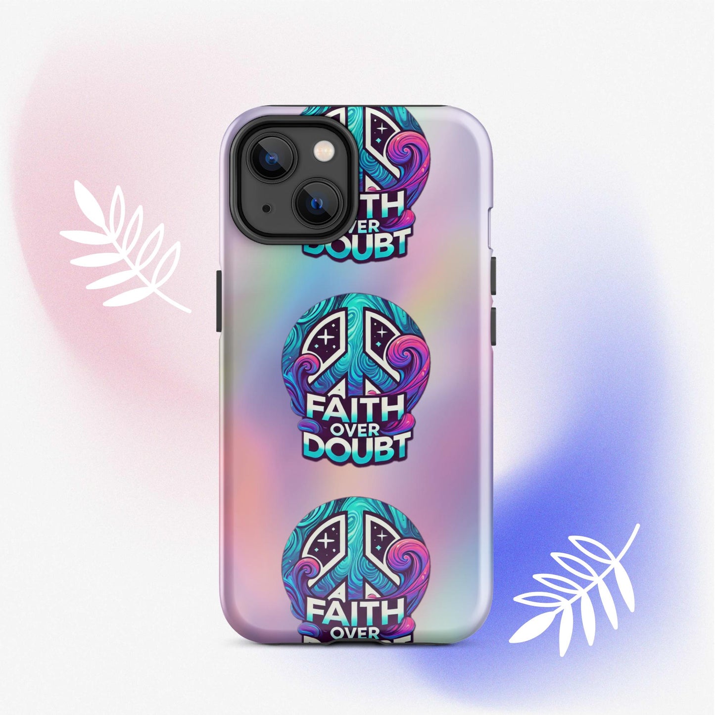 Front of iPhone 14 cover with pastel gradient background and logo pattern 'Faith over doubt'