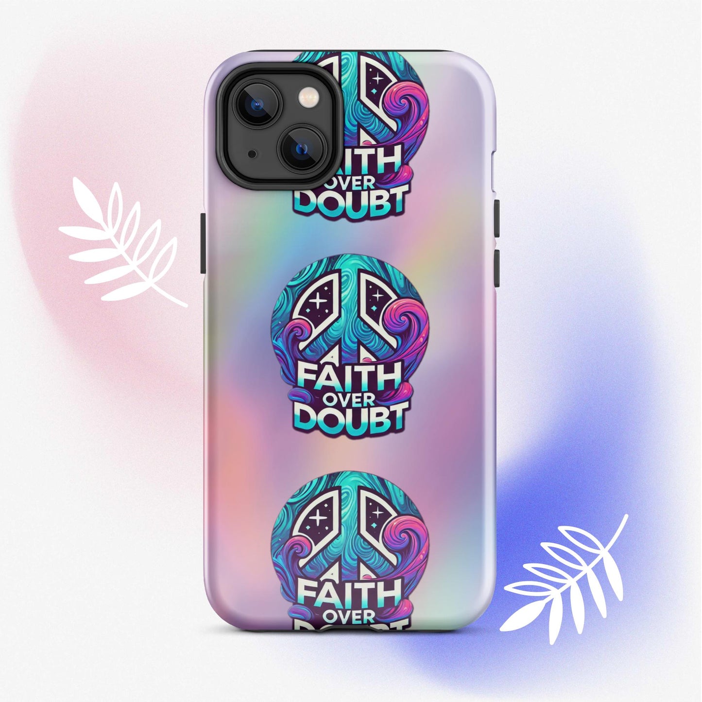 Front of iPhone 14+ cover with pastel gradient background and logo pattern 'Faith over doubt'