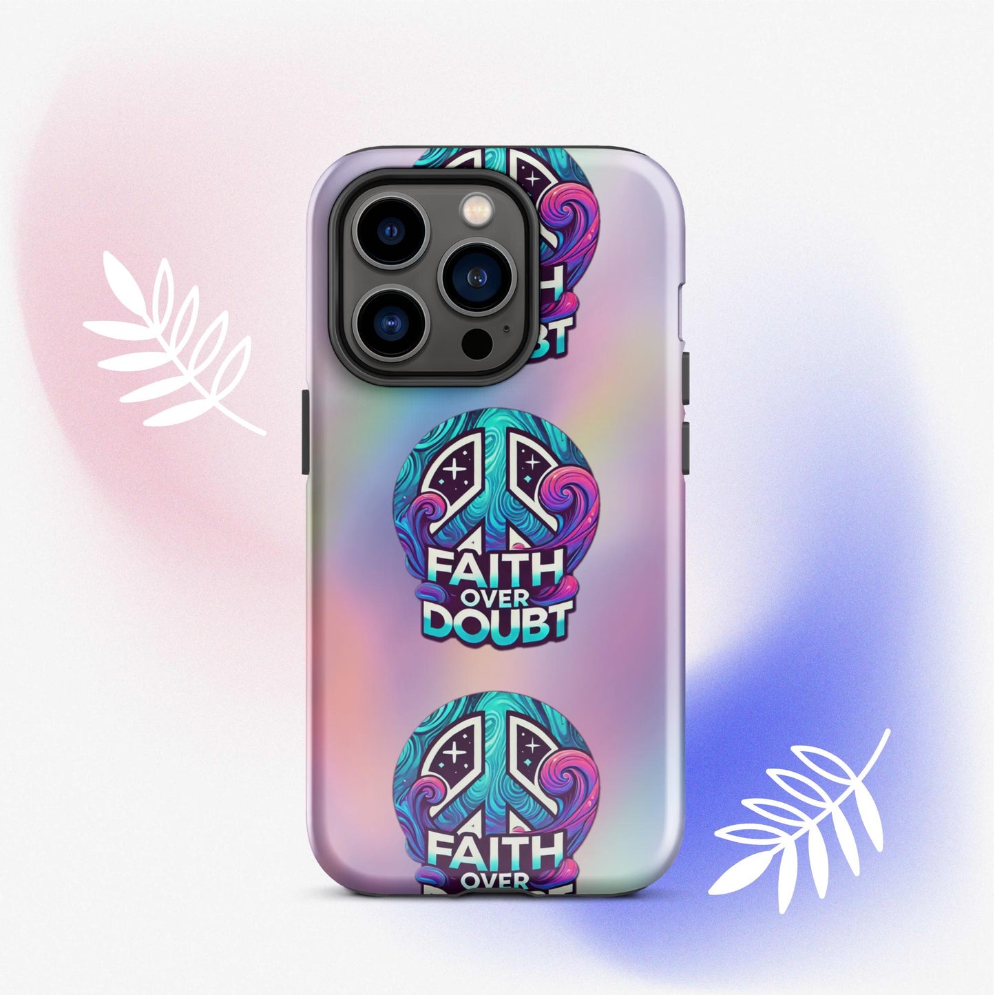 Front of iPhone 14 pro cover with pastel gradient background and logo pattern 'Faith over doubt'