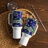 M is for Manly Paisley in Blue With Green Travel Mug w/Handle, 40 oz