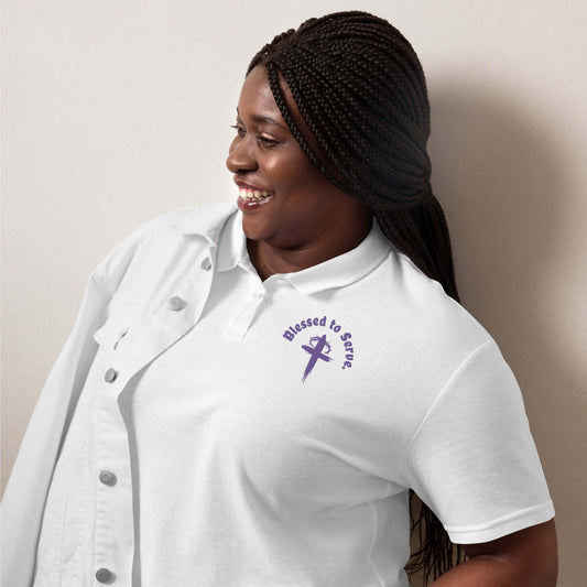 Women’s Blessed to Serve Embroidered Pique Polo Shirt - Purple